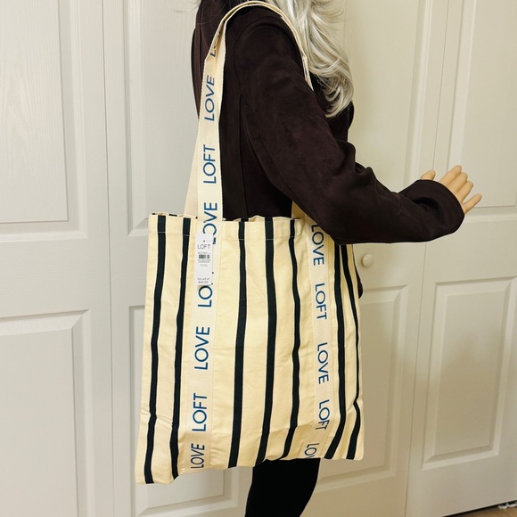 LOFT LOVE Canvas Cream Striped Shopping Tote NWT - Picture 5 of 11